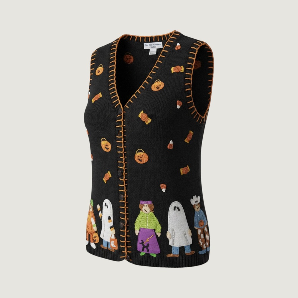 Star Blue Originals Studio Halloween Beaded Applique Sweater Vest Black Small